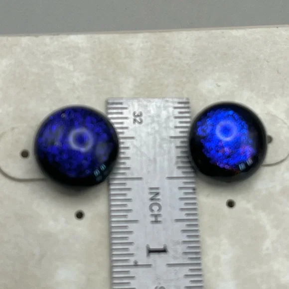 Blue Dichroic Glass Stud Earrings - Picture 2 of 4